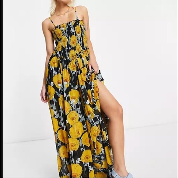 Free People Floral Sophia Jumpsuit Flowy Wide Leg Black and Yellow Boho Size XS - Picture 2 of 12